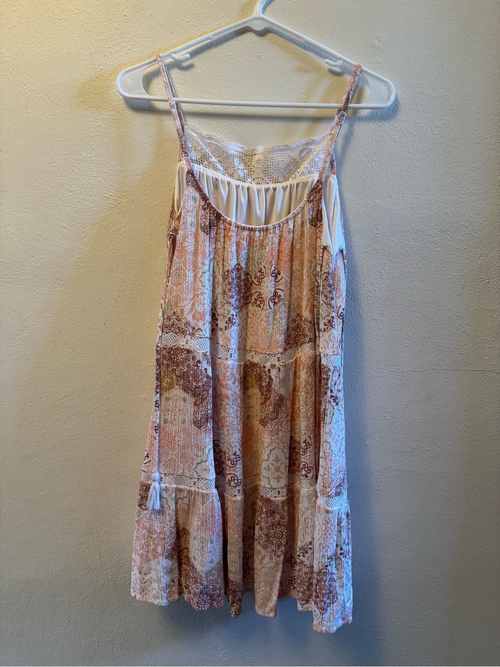 Wallflower Boho Patchwork Floral Tiered Dress -Peach Pink & Lace Accents - (S) - Picture 2 of 9